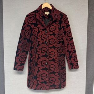 Venario Womens Red Black Rose Floral Wool Blend Button Front Coat Jacket Size M